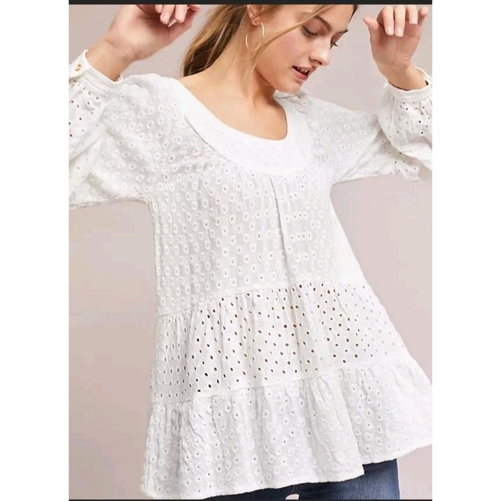 Anthropologie Meadow Rue White Eyelet Tunic Peasant Top Sz S Boho Fairycore
